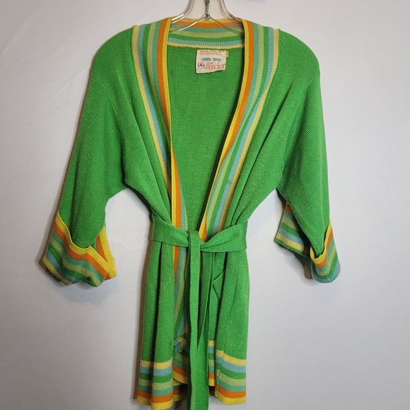 Vintage Cardigan Tie Waist Bright Green Renee Tener For Outlander Striped Trim - Picture 2 of 8